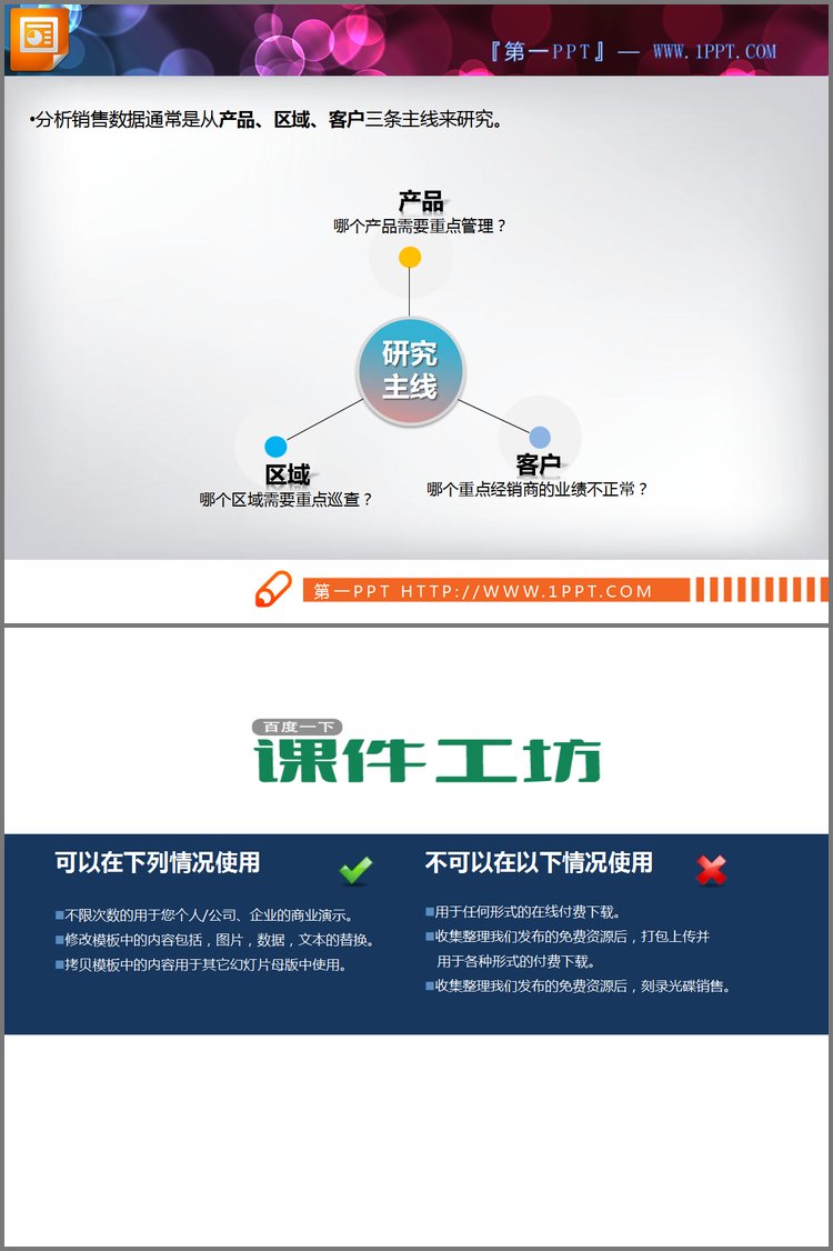 PPT模板-简单的一分三扩散关系PPT图表模板