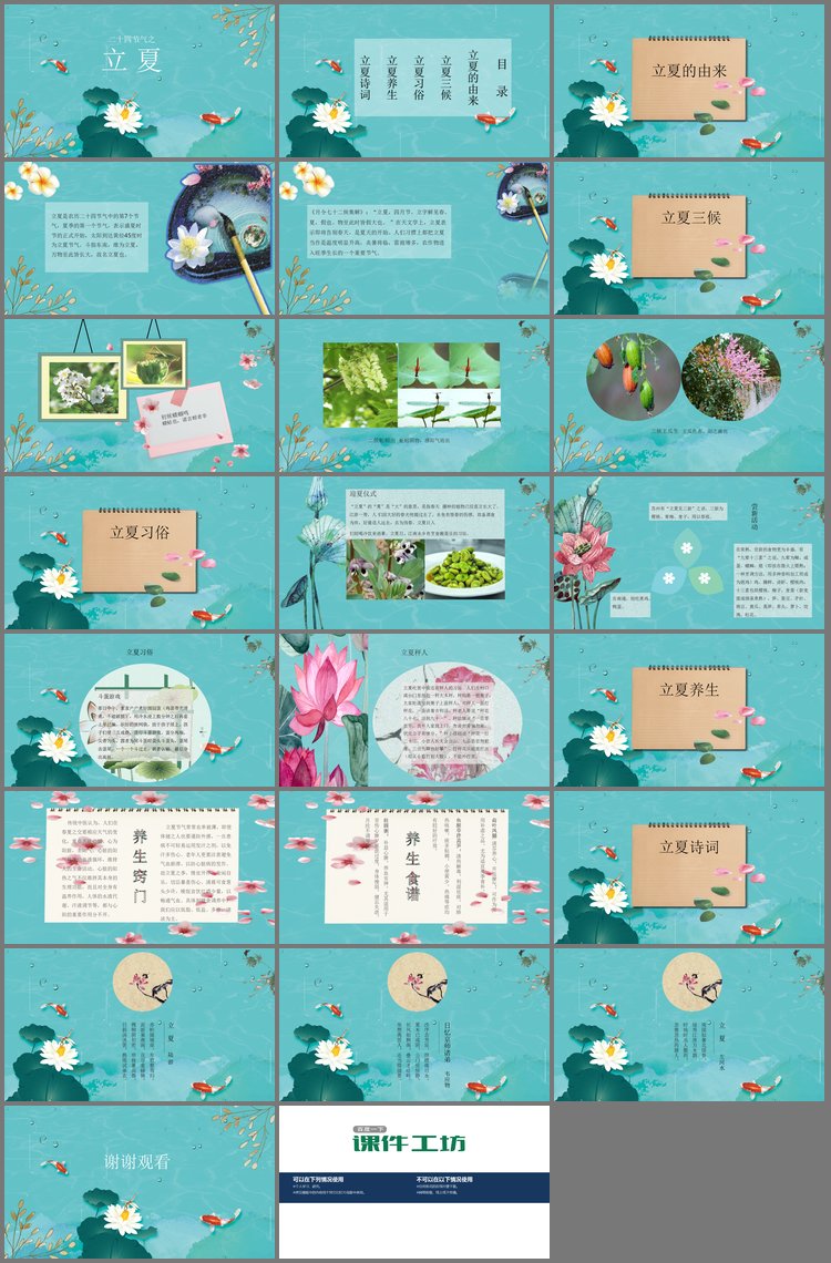 PPT模板-池塘鲤鱼荷花蜻蜓背景的立夏PPT模板