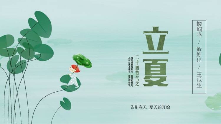 绿色清新荷叶小女孩背景的立夏节气PPT模板