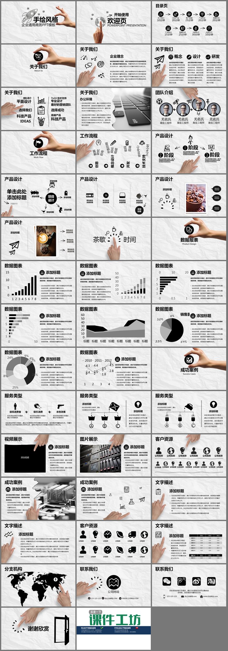 PPT模板-创意手绘搭配动态手势背景的公司简介PPT模板