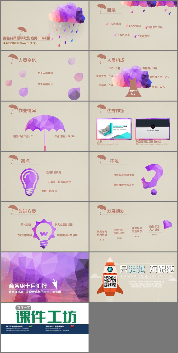PPT模板-黄色背景扁平炫彩商务PPT模板
