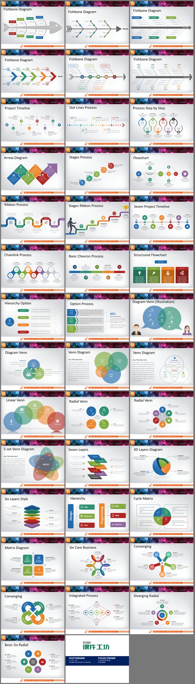 PPT模板-40张鱼骨递进交叉PPT图表