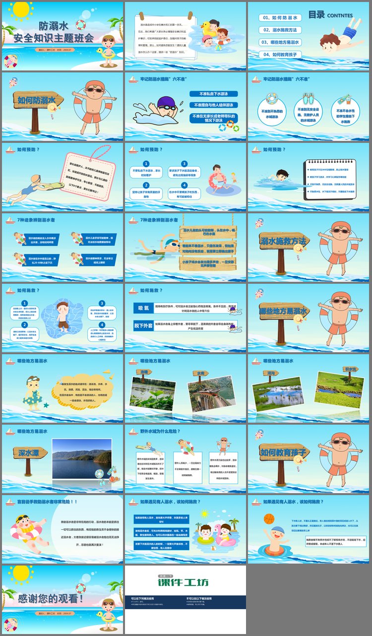 PPT模板-卡通夏日海滩背景的防溺水安全知识主题班会PPT下载