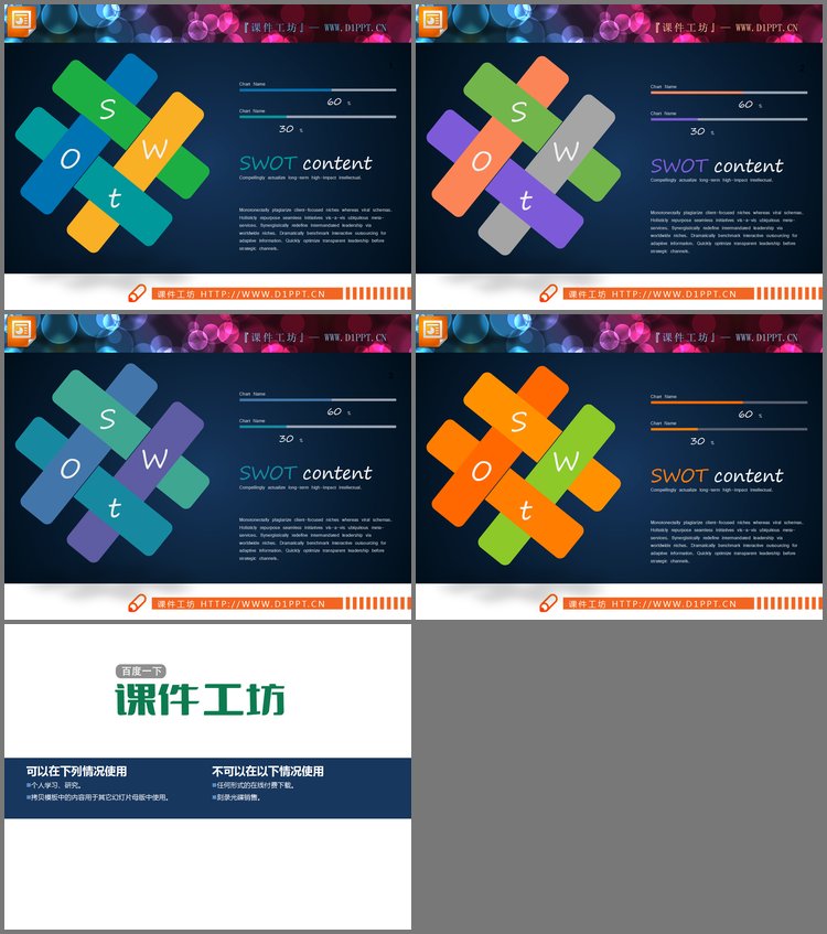 PPT模板-四张交叉关系的SWOT幻灯片图表