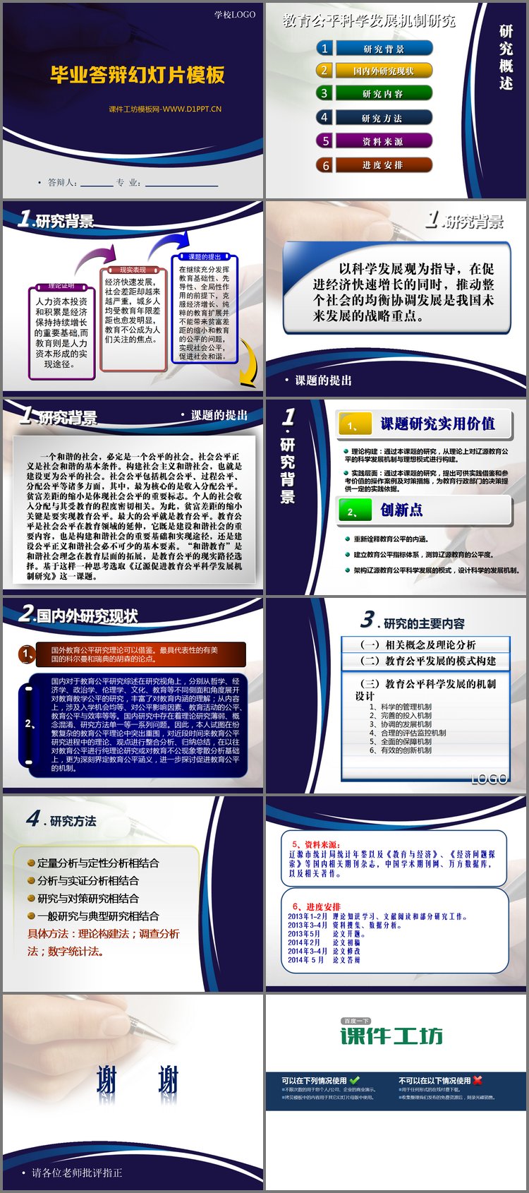 PPT模板-蓝色经典风格的研究生毕业答辩PPT模板