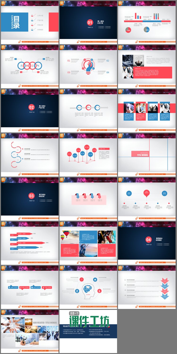 PPT模板-蓝红搭配的时尚行业公司简介PPT图表大全