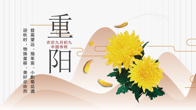 群山与菊花背景的重阳节PPT模板