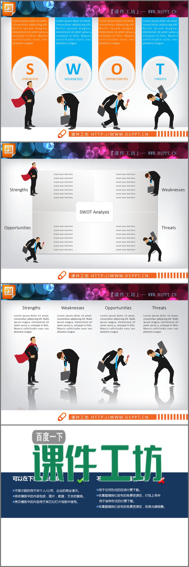 PPT模板-人物剪影装饰的swot分析说明图