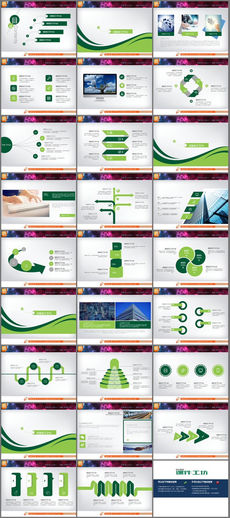 PPT模板-绿色扁平化商务汇报PowerPoint图表大全