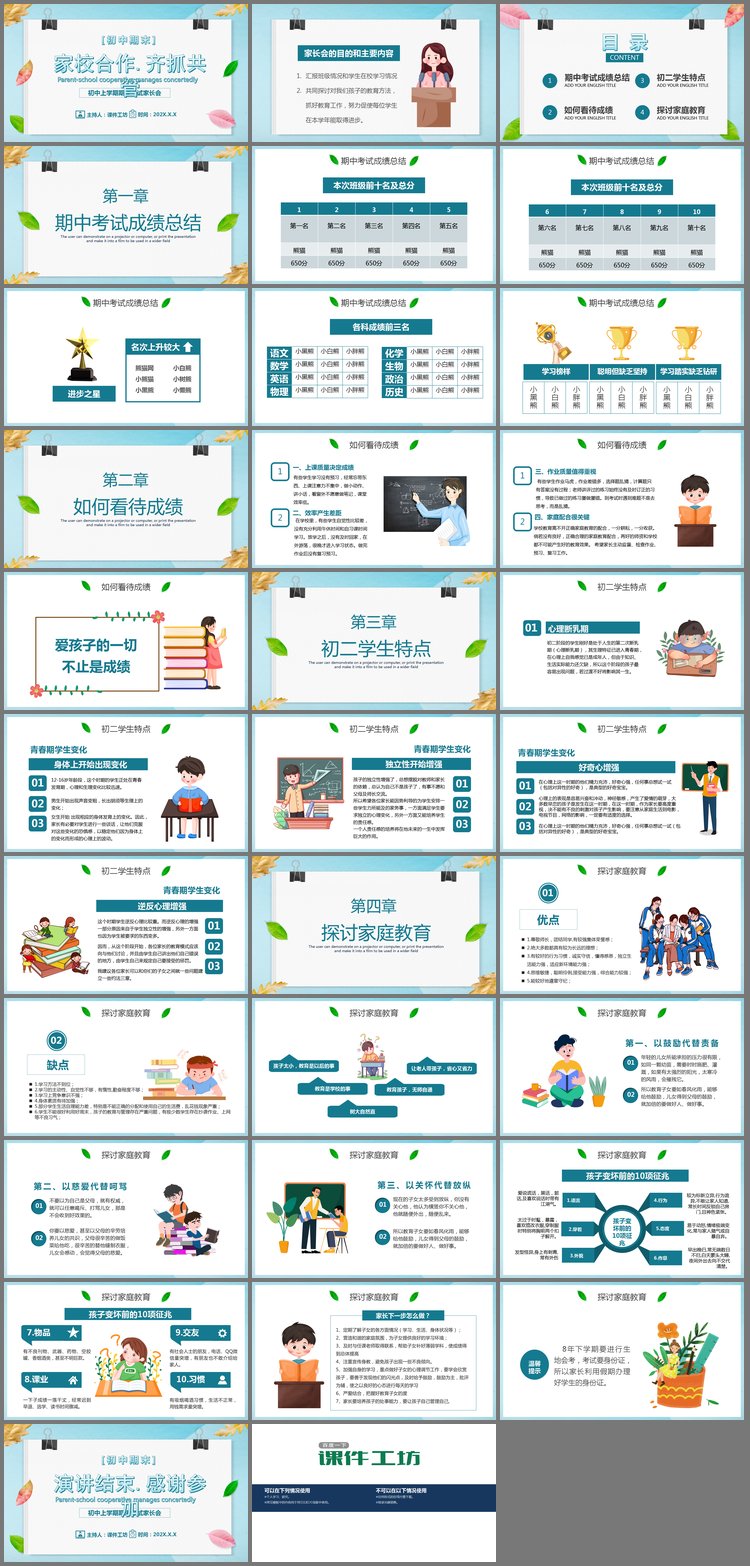 PPT模板-《家校合作齐抓共管》初中期末家长会PPT
