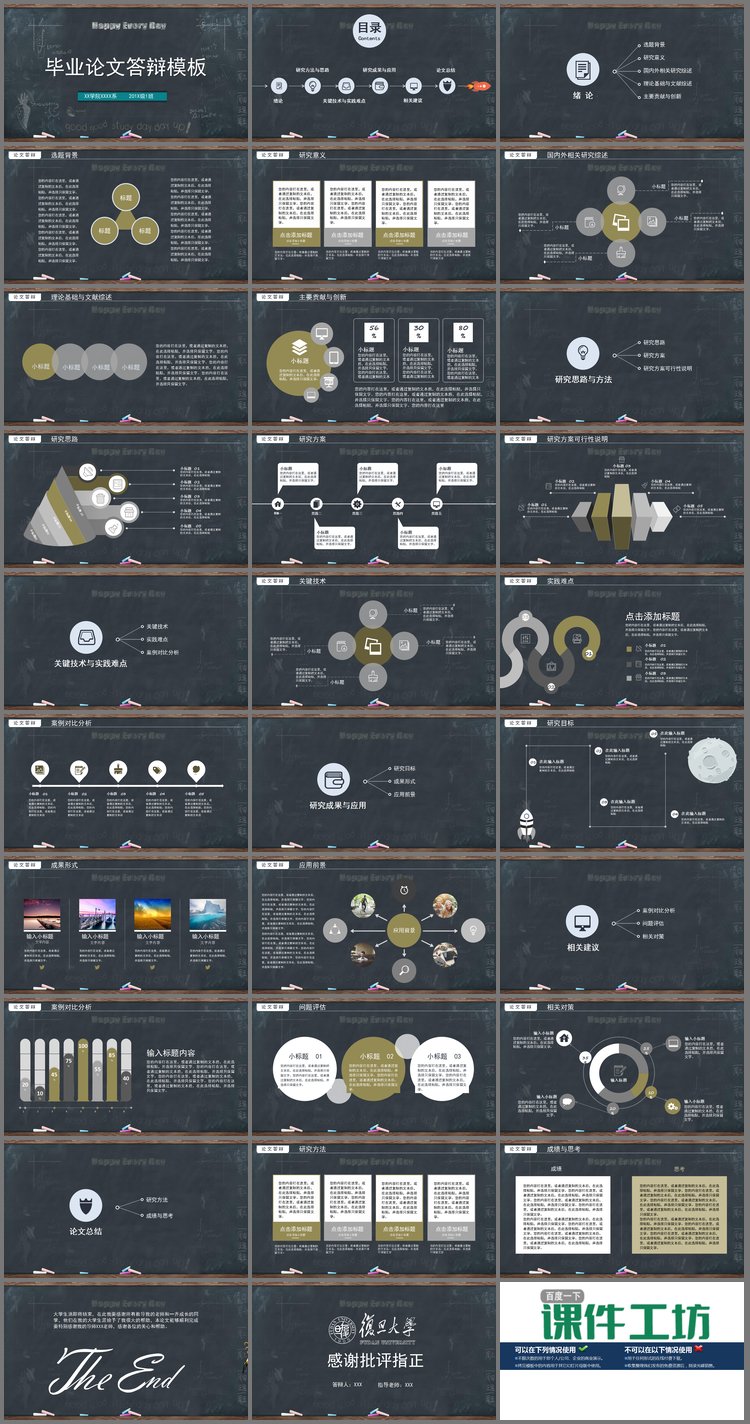 PPT模板-精致黑板粉笔字背景的毕业论文答辩PPT模板
