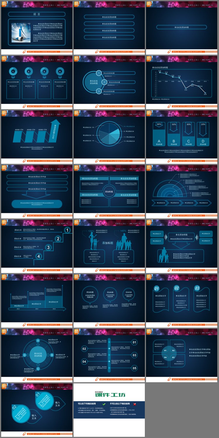 PPT模板-简约蓝色商务PPT图表整套下载