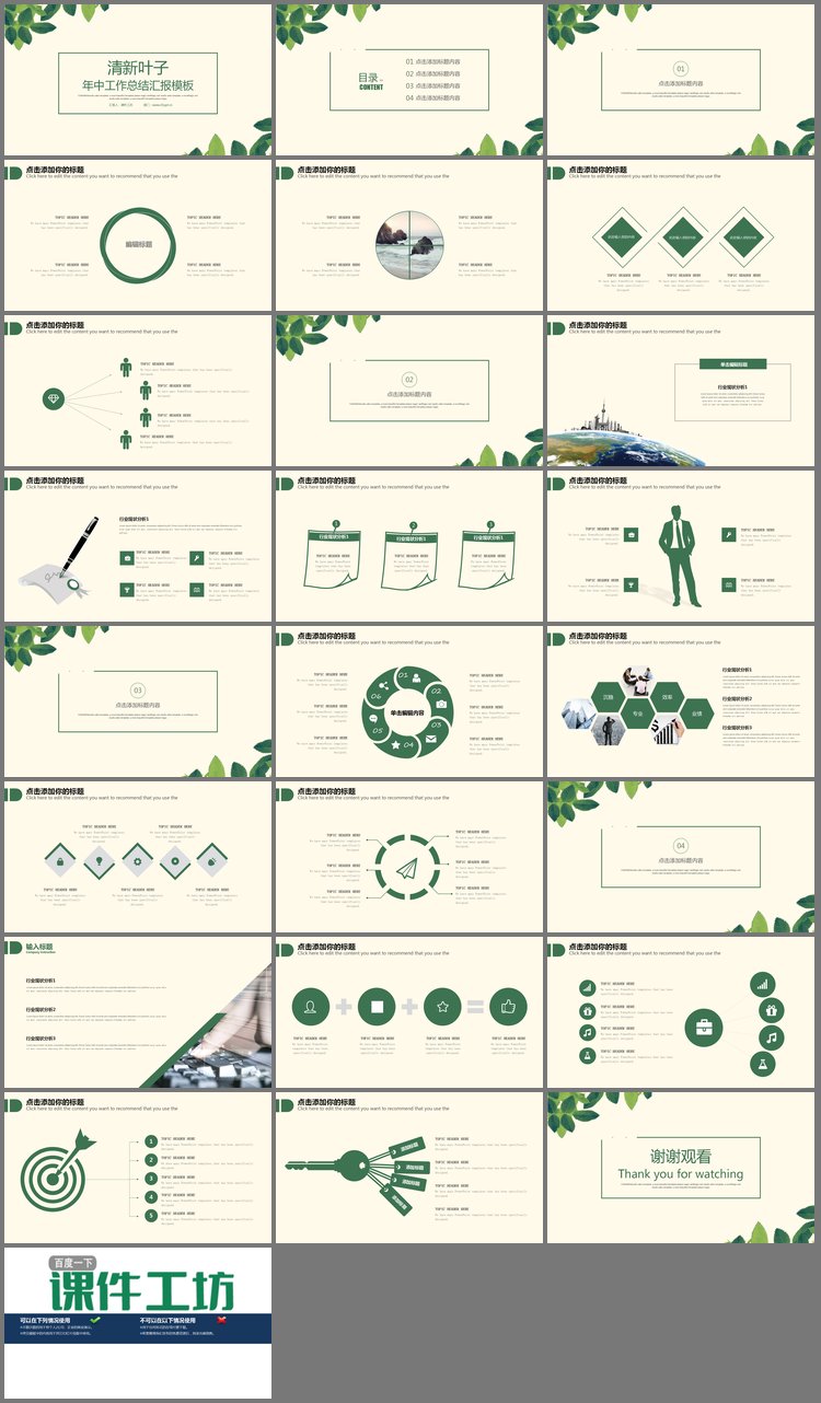 PPT模板-清新叶子背景的工作总结汇报幻灯片模板