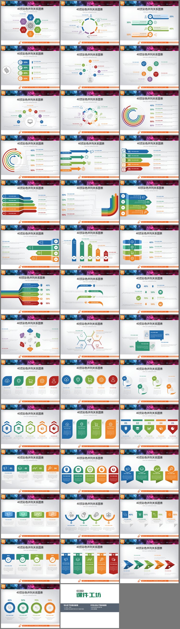 PPT模板-40页彩色并列关系PPT图表合集