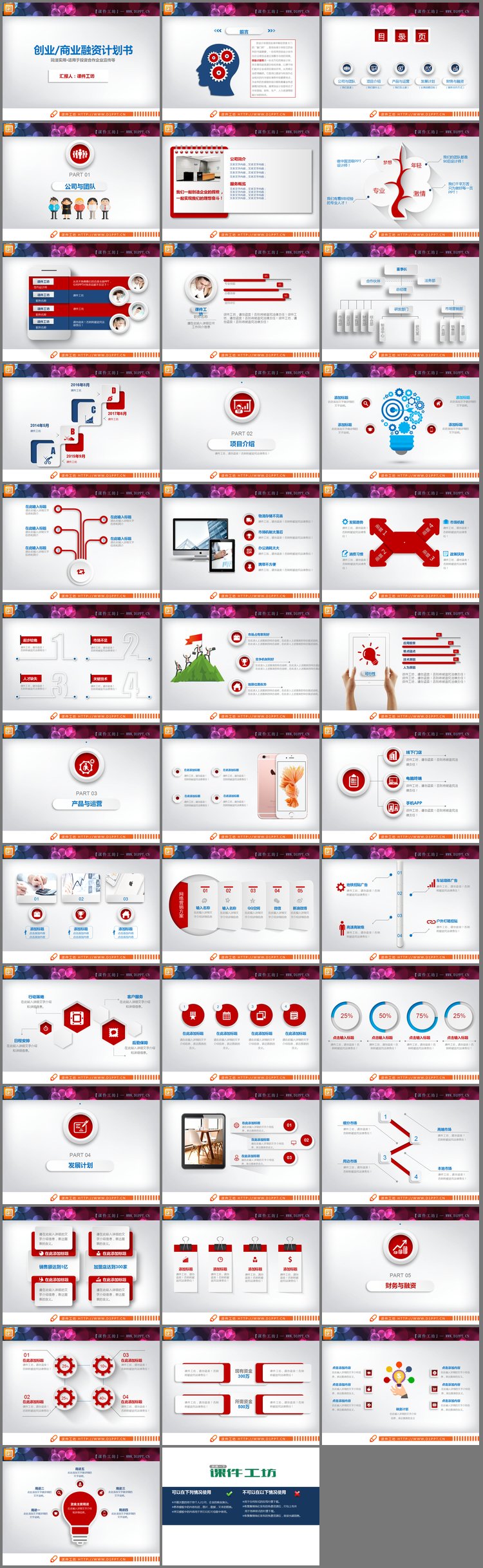 PPT模板-红蓝微立体商业融资计划书PPT图表下载