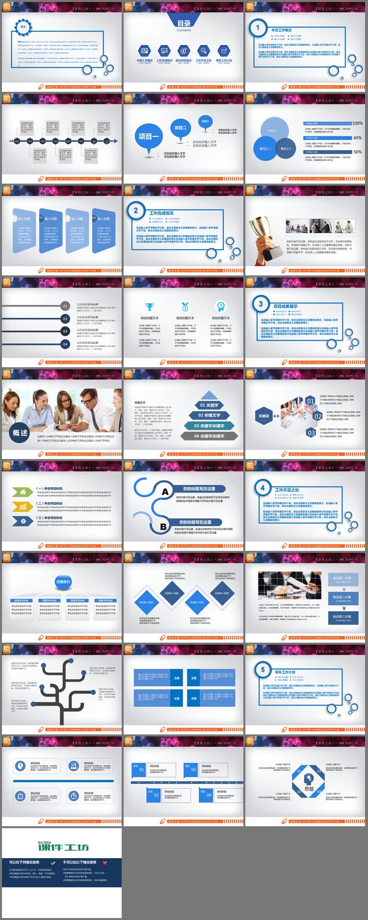 PPT模板-蓝色扁平化商务工作汇报PPT图表下载