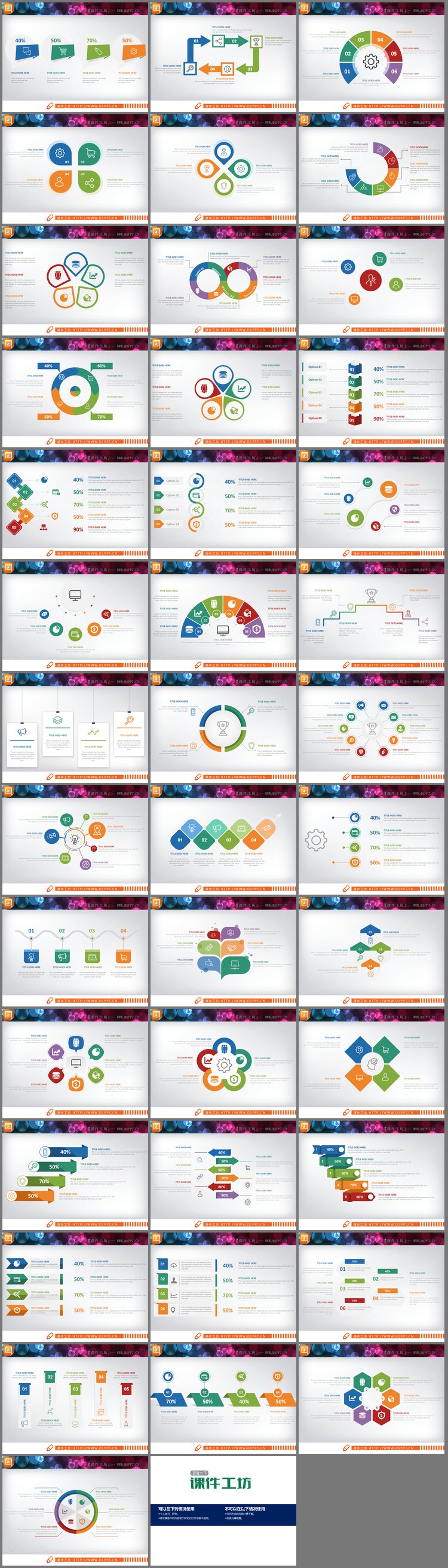 PPT模板-40页彩色扁平化并列关系PPT图表