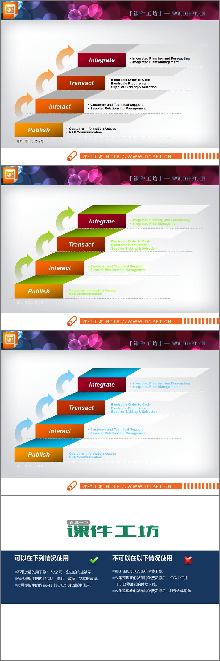 PPT模板-带箭头的台阶色彩渐变层级关系PPT图表