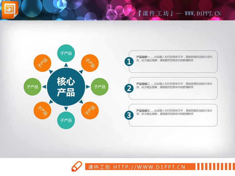 带有文本框说明的八项总分关系PPT图表