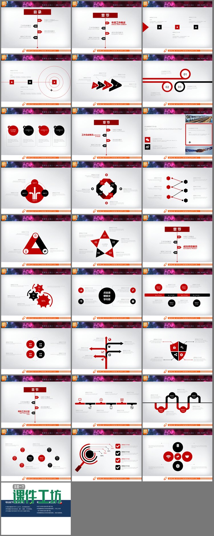 PPT模板-红黑扁平化年终工作总结PPT图表大全