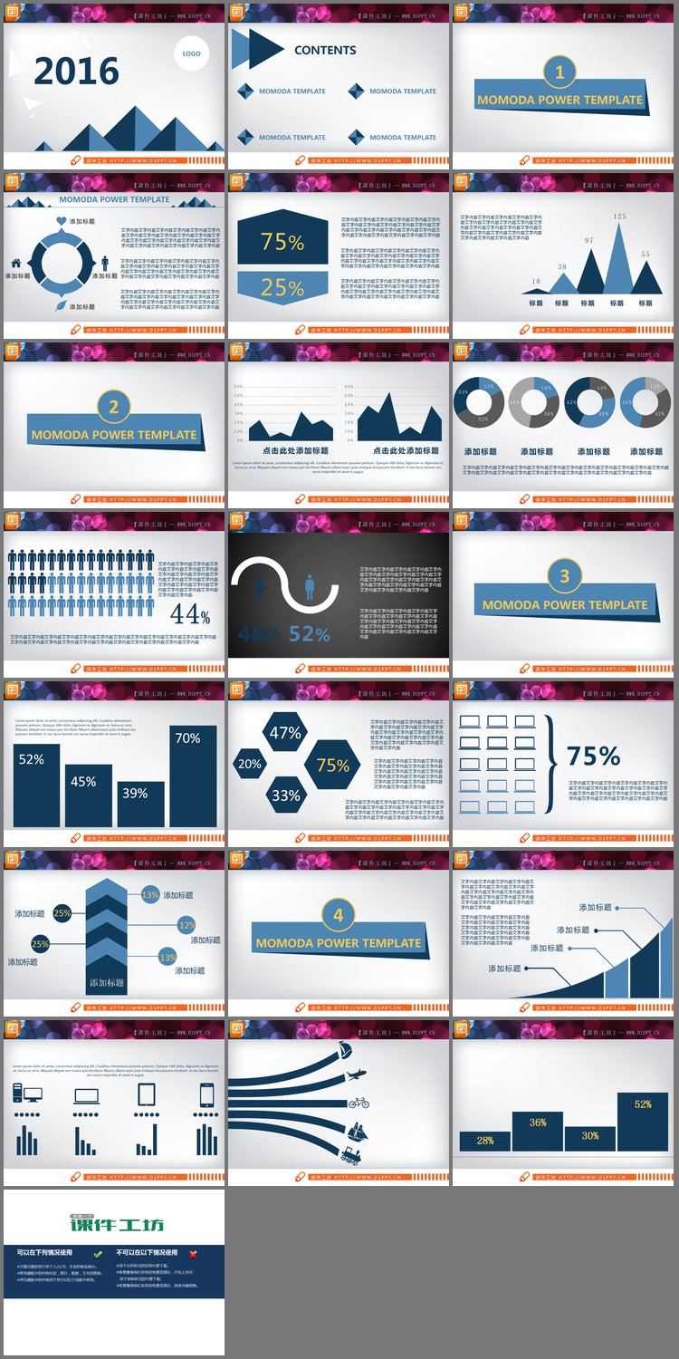 PPT模板-蓝色简洁扁平化PPT图表整套下载