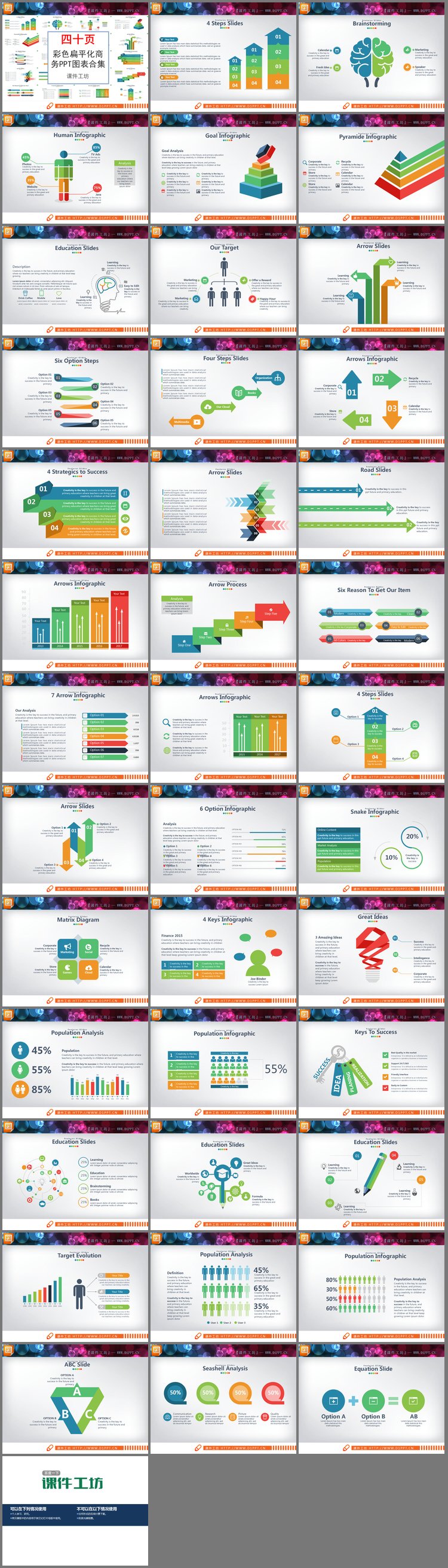 PPT模板-40张彩色扁平化PPT图表大全
