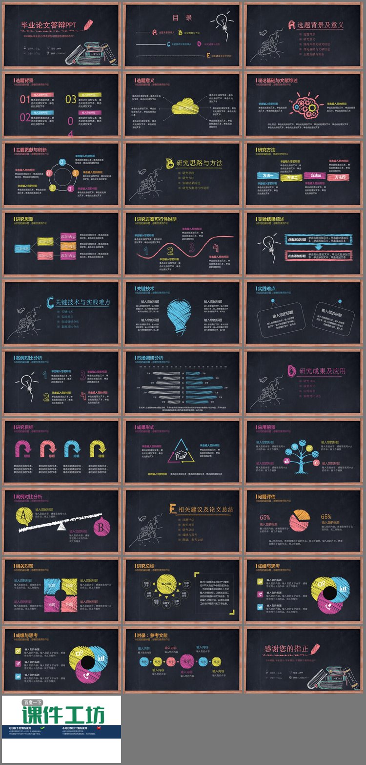 PPT模板-创意黑板粉笔手绘风格毕业答辩PPT模板