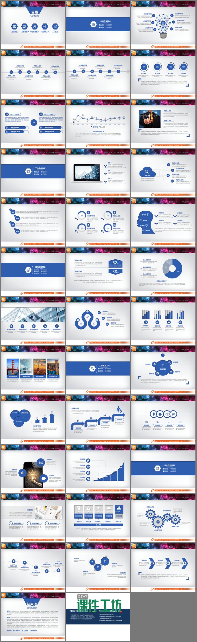 PPT模板-蓝色动态扁平化风格工作汇报PPT图表