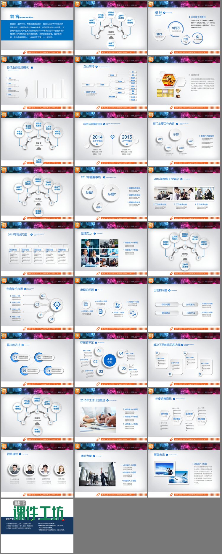 PPT模板-蓝色微立体商务总结汇报PPT图表大全