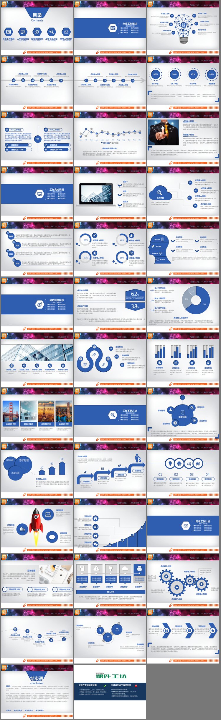 PPT模板-蓝色实用工作总结PPT图表大全