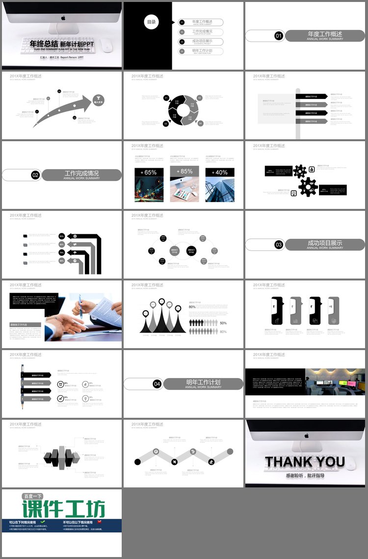 PPT模板-黑白苹果电脑背景的新年工作计划PPT模板