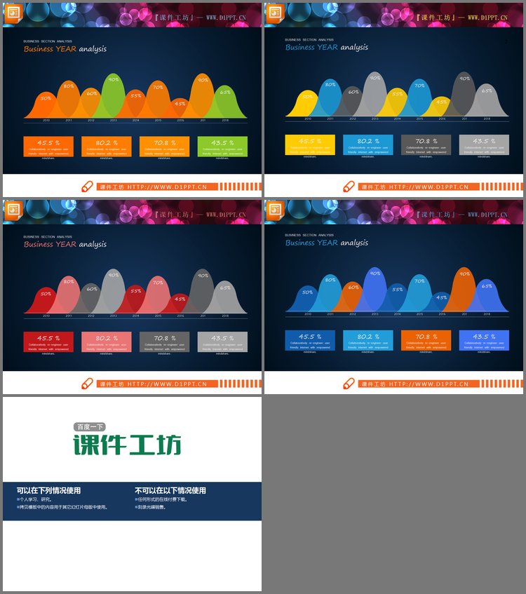 PPT模板-四张不同主题配色的PPT曲线图
