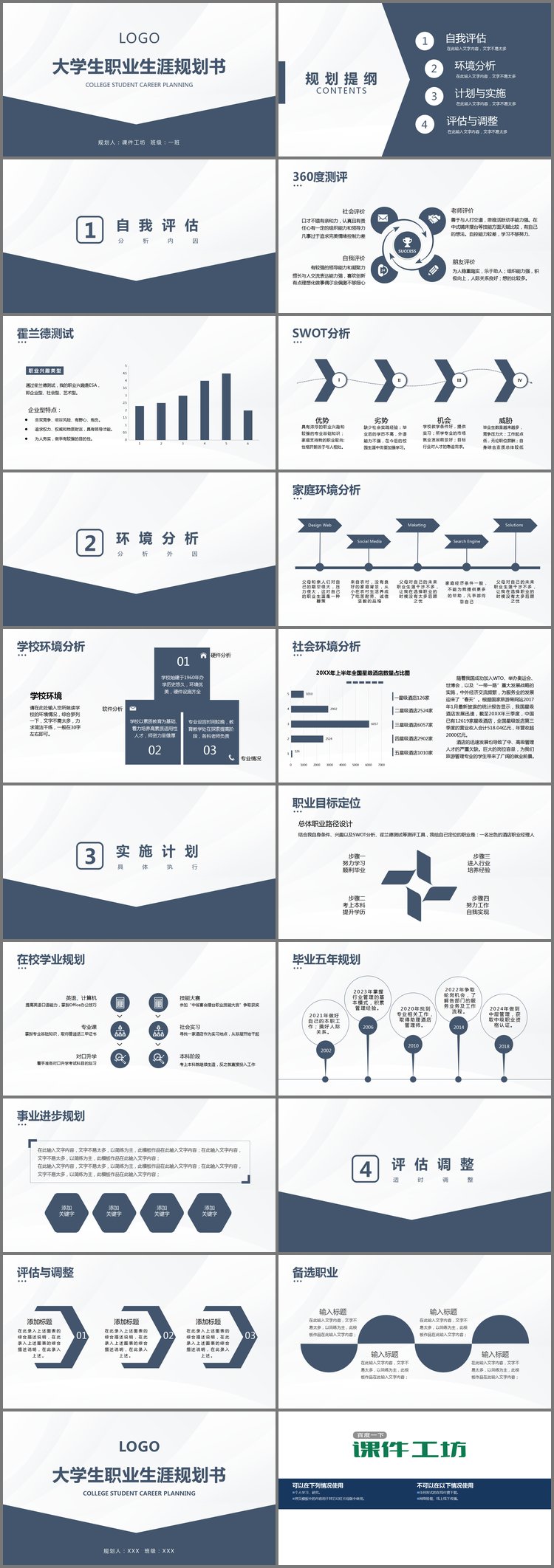 PPT模板-蓝色简约大学生职业生涯规划书PPT模板