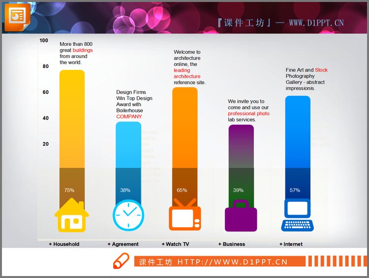 PPT模板-底部图标的PPT柱状图图表素材