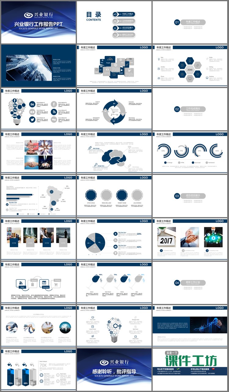PPT模板-蓝色兴业银行工作总结汇报PPT模板