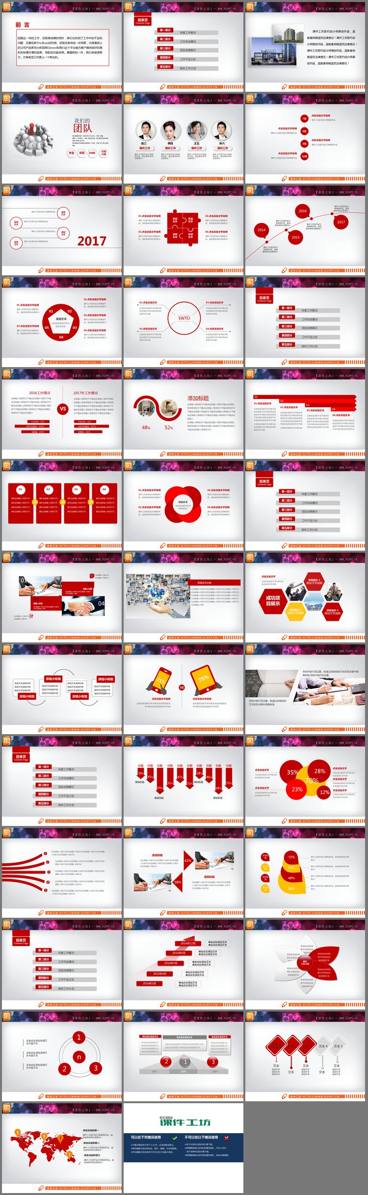 PPT模板-红黄搭配的扁平化工作总结PPT图表大全