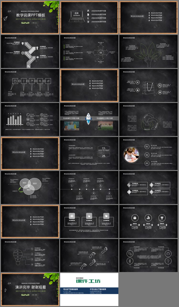 PPT模板-绿叶植物与黑板背景的教学说课PPT模板