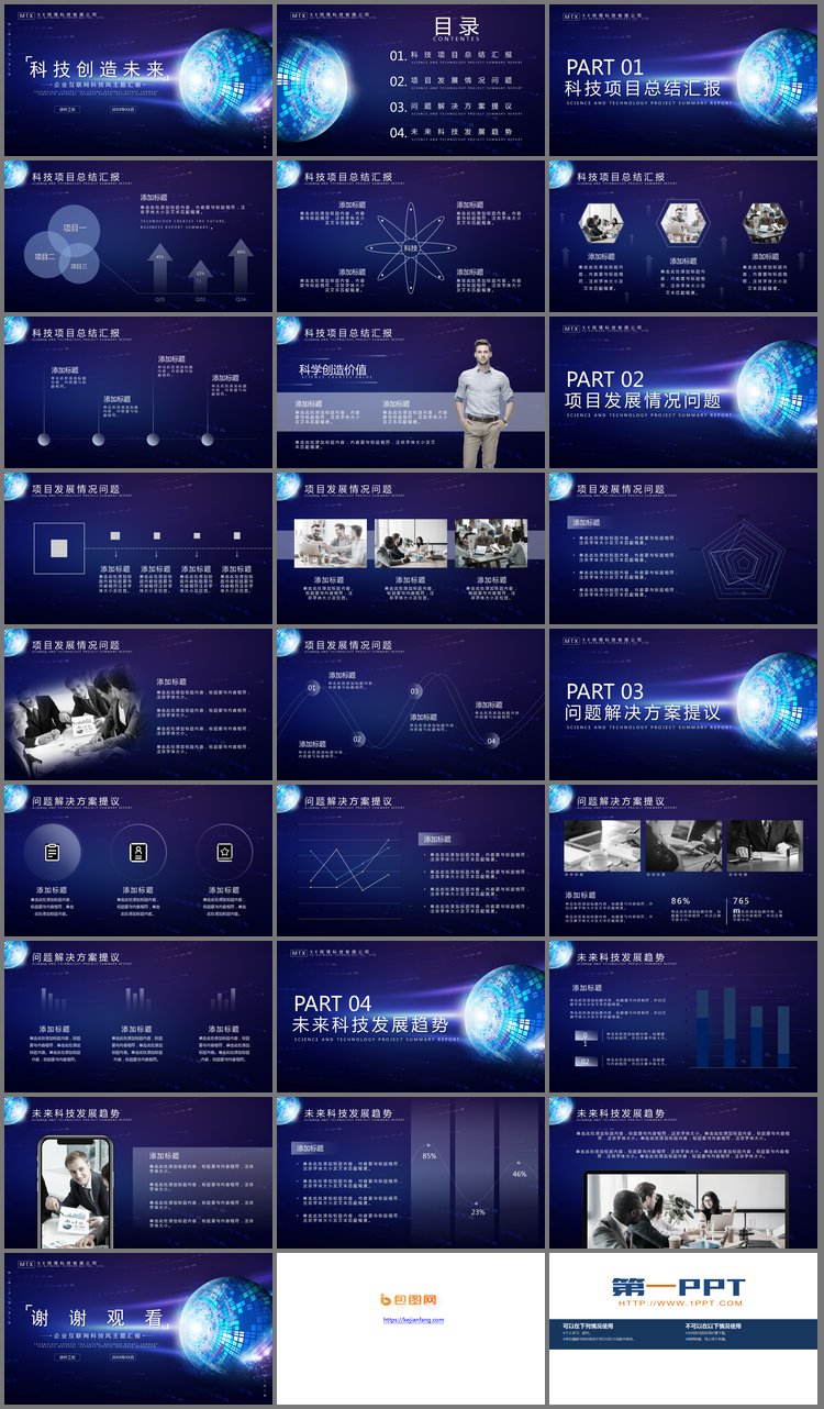 PPT模板-蓝色抽象星球背景的科技项目汇报PPT模板