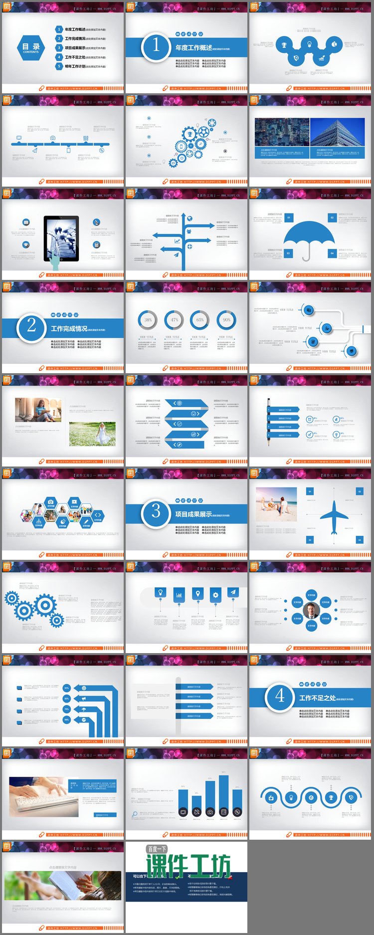 PPT模板-蓝色扁平化年终工作总结PPT图表大全