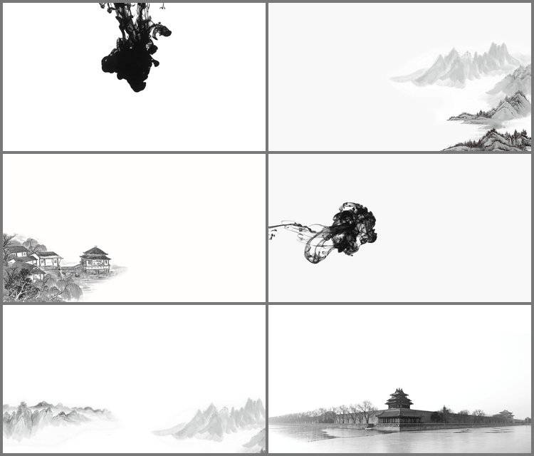PPT模板-六张黑白古典水墨中国风PPT背景图片