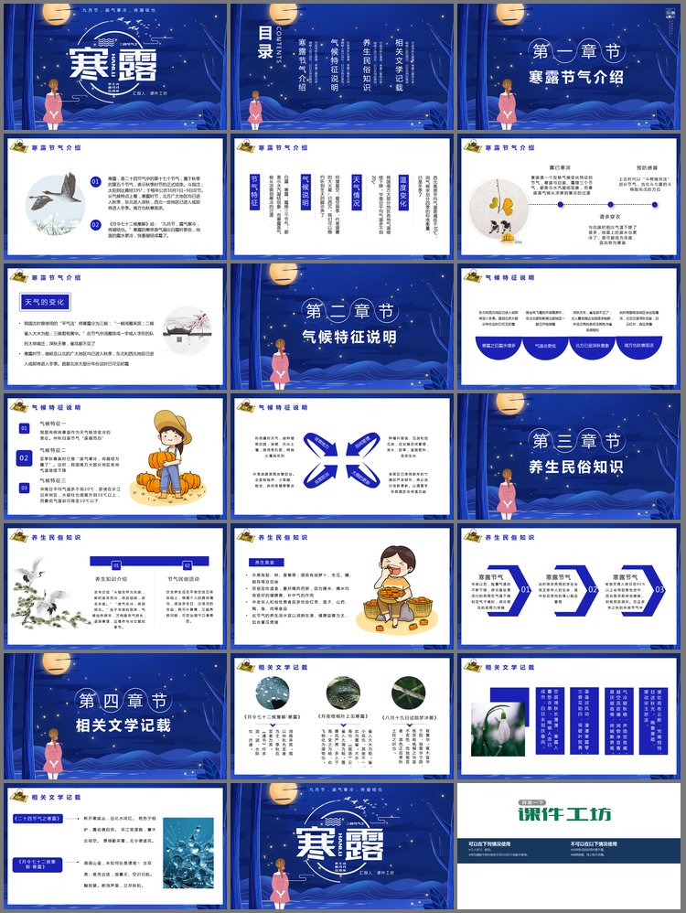 PPT模板-插画夜空下女孩背景的寒露节气介绍PPT模板