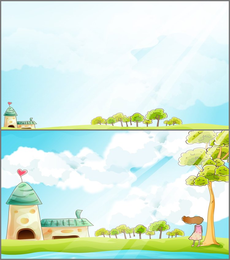 PPT模板-清新卡通蓝天绿树PPT背景图片