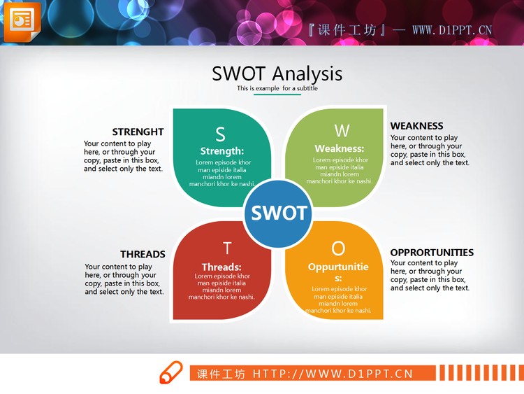 四种配色的SWOT分析PPT图表