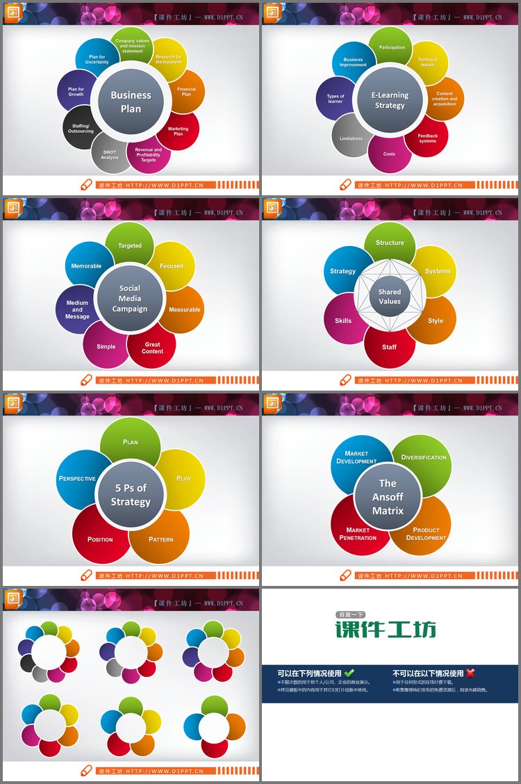 PPT模板-一组彩色调色板样式的总分关系幻灯片图表