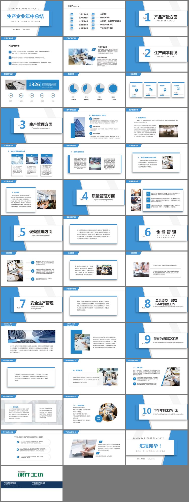 PPT模板-蓝色简约生产企业年中工作总结PPT模板