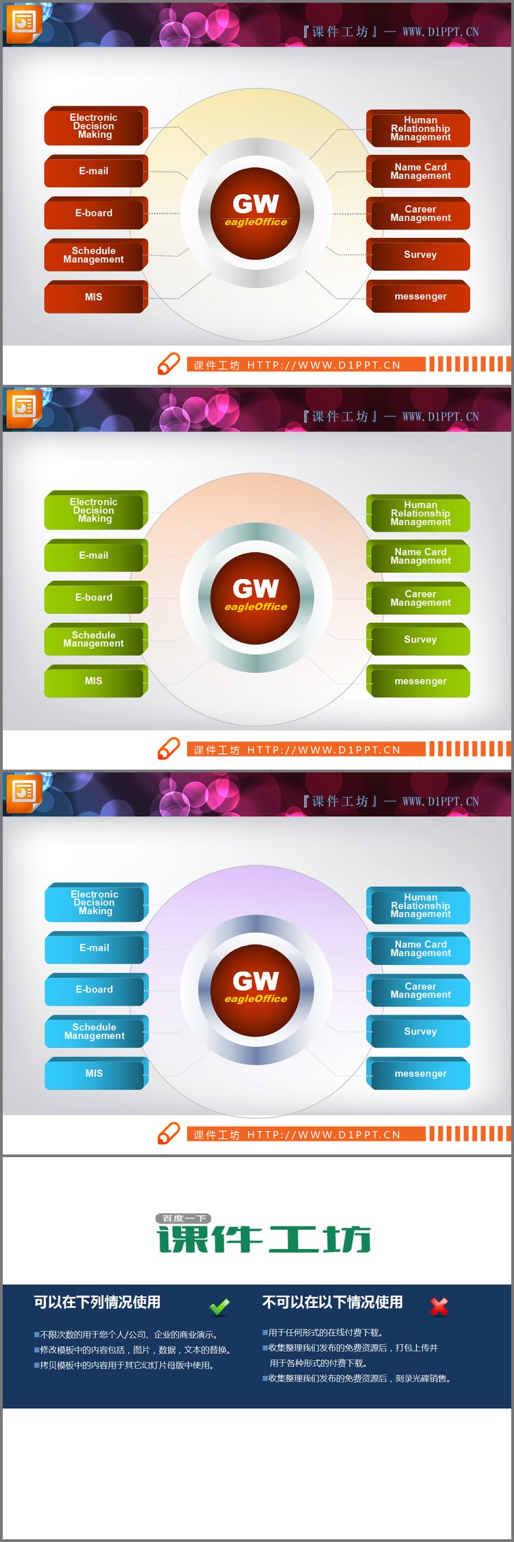 PPT模板-三张彩色扩散聚合并列关系PPT图表