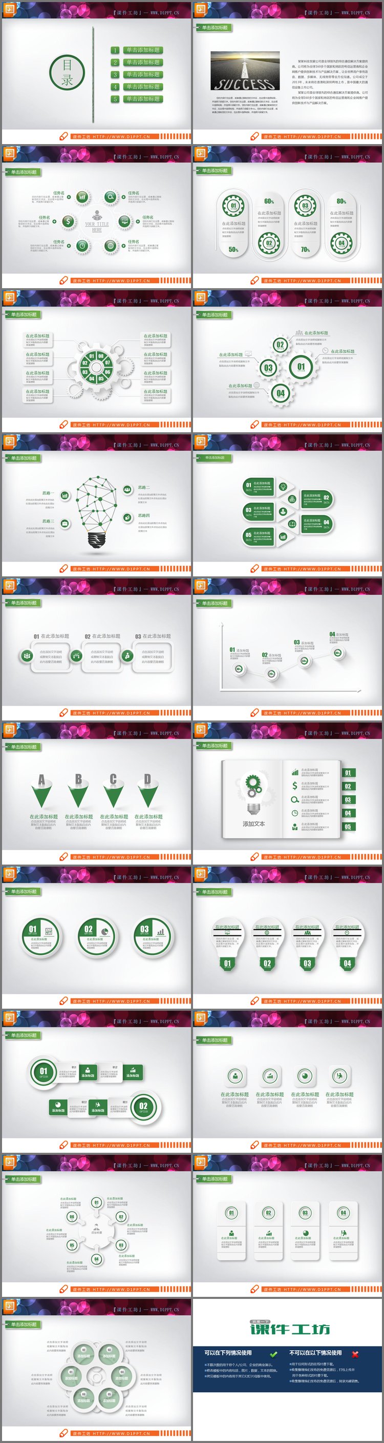 PPT模板-绿色齿轮结构的微立体PPT图表大全