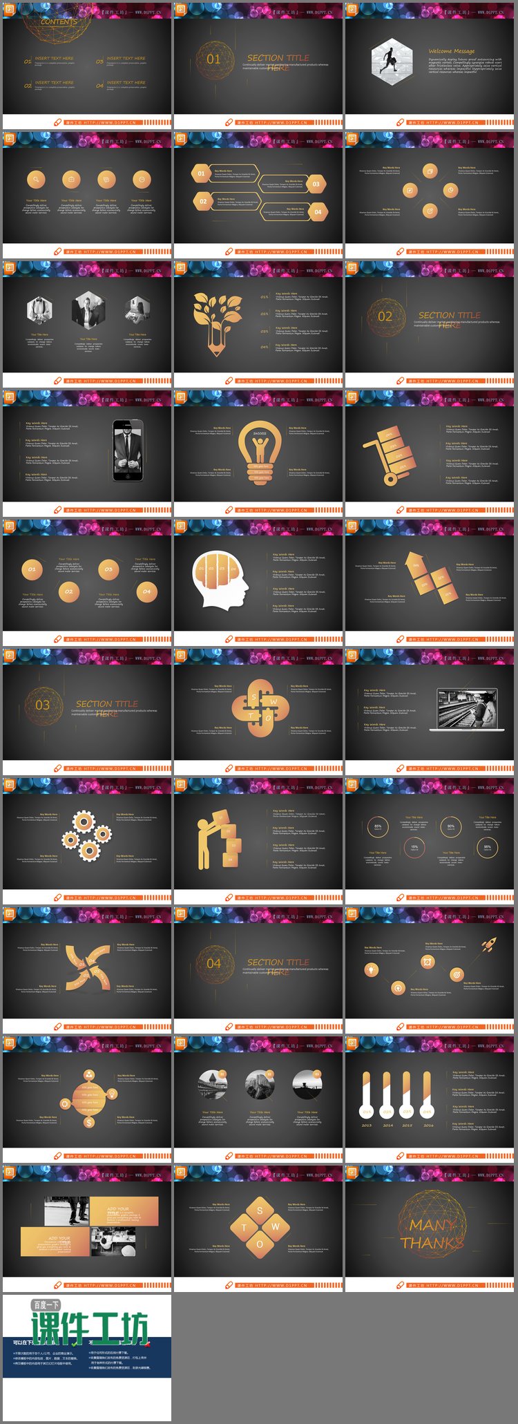 PPT模板-欧美橙色动态扁平化PPT图表大全