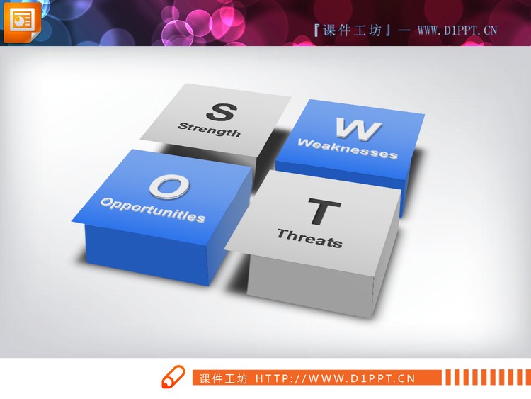 立体四方块并列关系SWOT幻灯片图表
