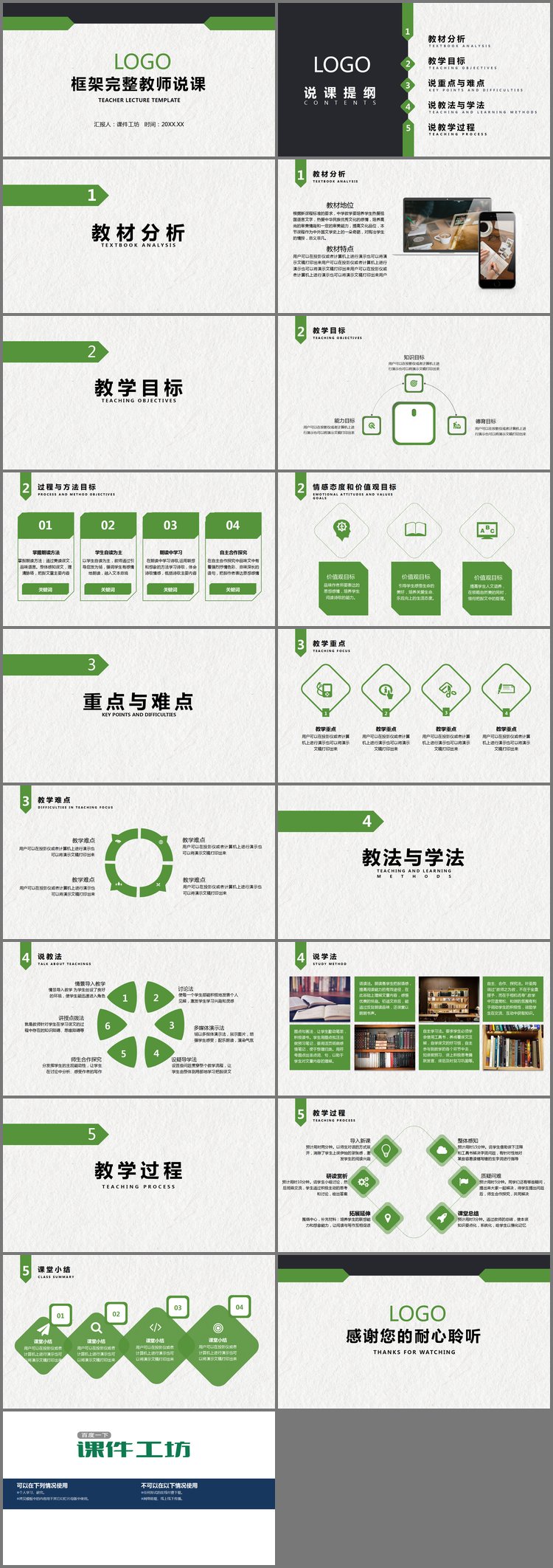 PPT模板-绿色稳重教学说课PPT模板免费下载